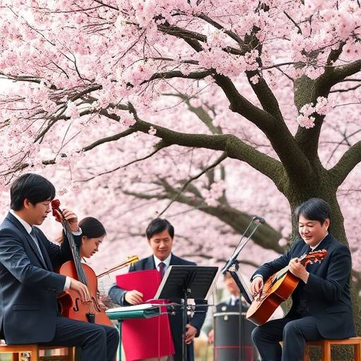 桜並木の下で演奏するミュージシャン